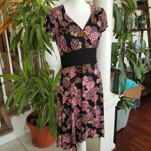 New Directions Sz Small Dress Black Purple High Waist Surplice Above Knee EUC